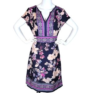 Monsoon London Navy Floral Notch Neck Cap Sleeve Dress Size 10